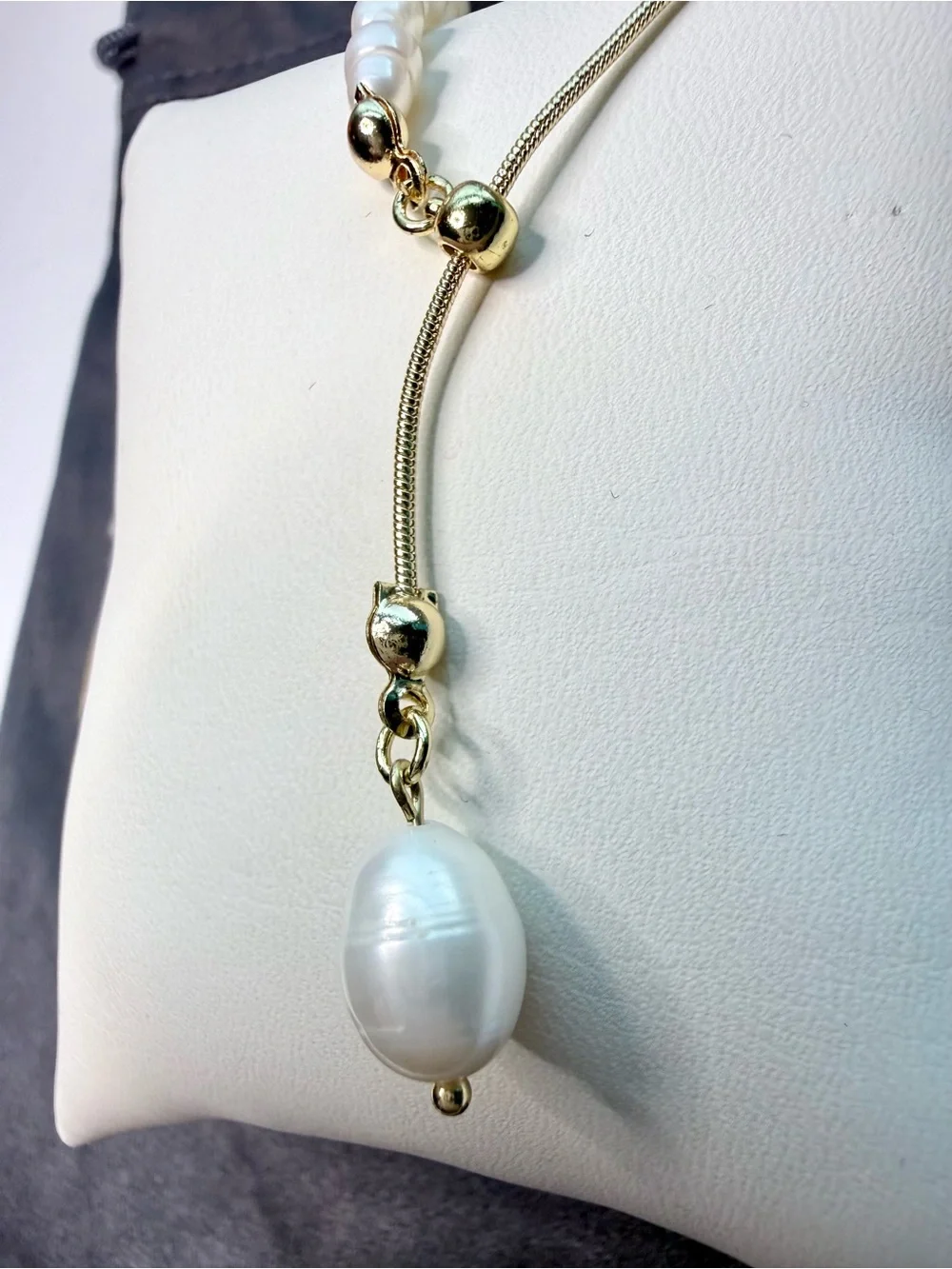 Gold Plated Lariat Asymmetrical Y Necklace with White Pearl Drop